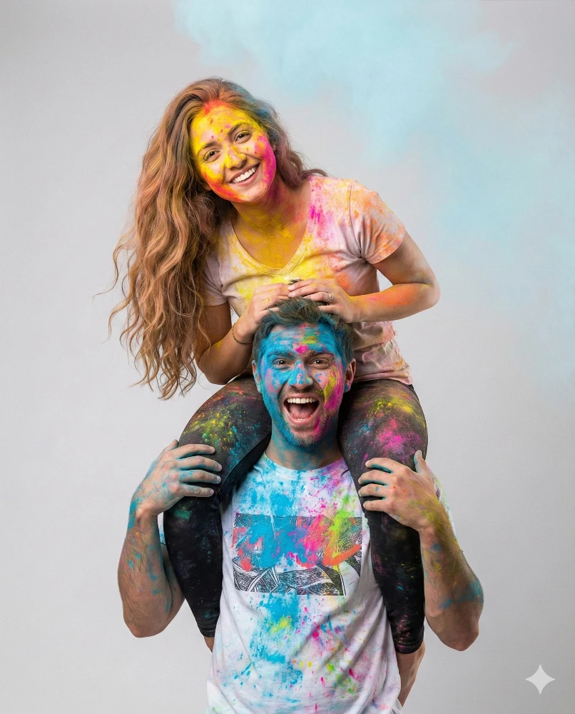 Happy Young Couple Covered in Vibrant Holi Festival Powder Colors