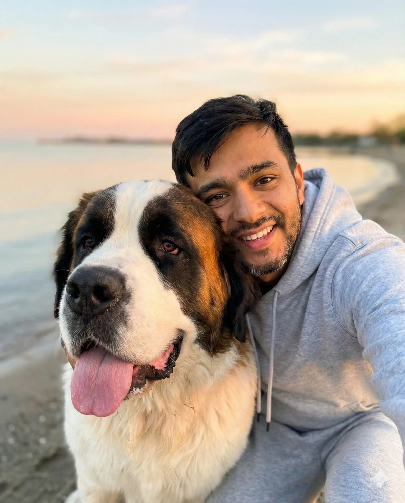 Man Selfie with a Large Saint Bernard Dog Gemini Prompt