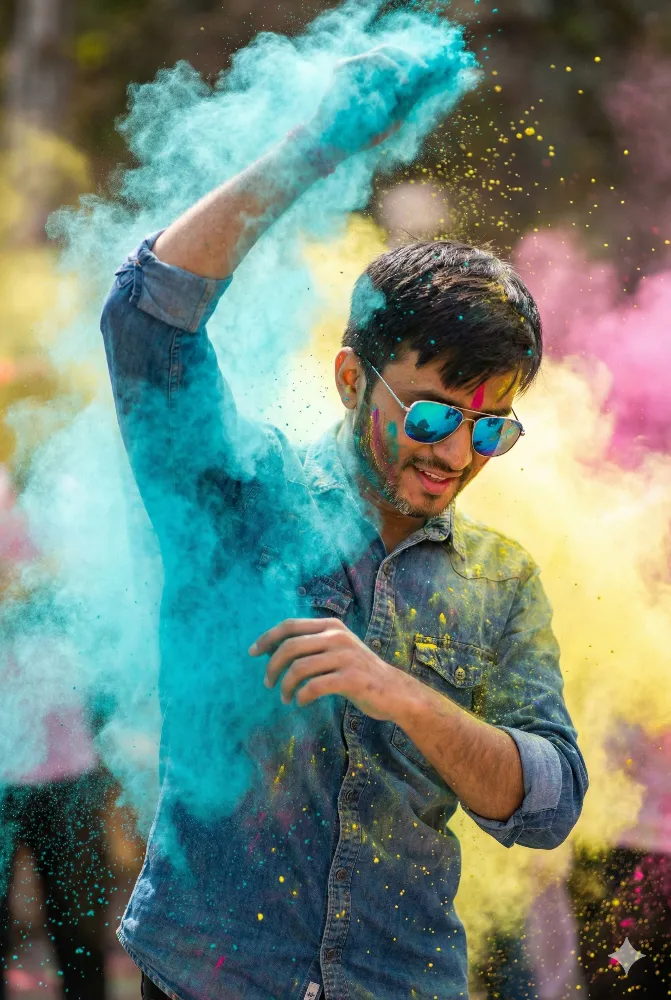 Man Celebrating Holi Festival with Vibrant Colorful Powder