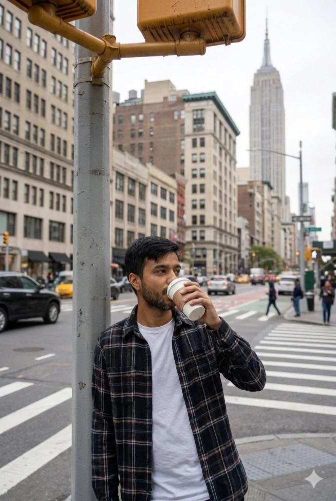 Man Drinking Coffee on a Busy New York City Street with Empire State Building Background