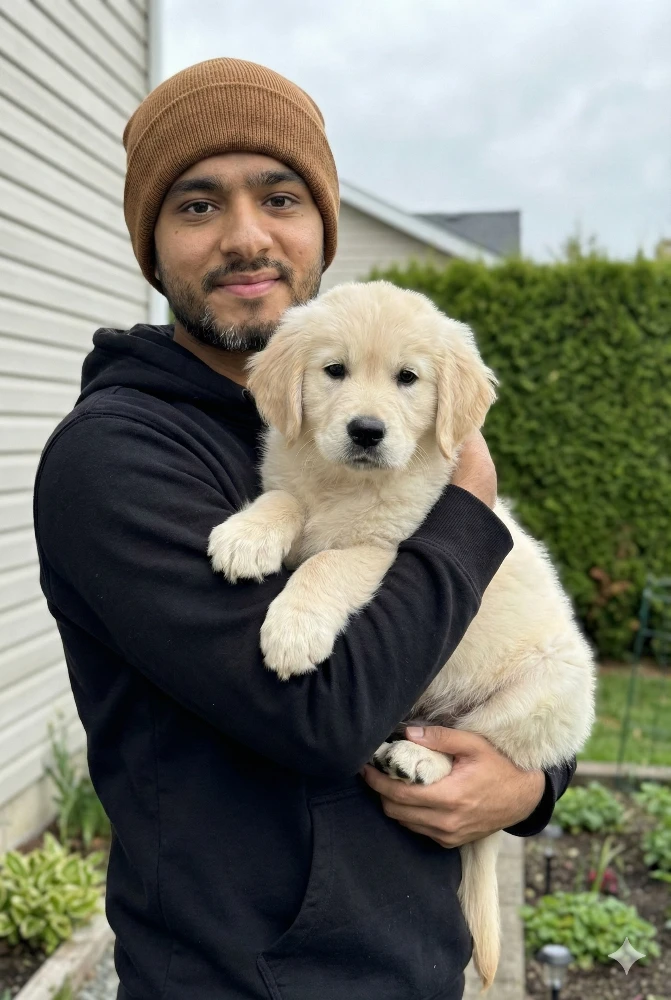 Boy in a Holding a Fluffy White Golden Retriever Puppy Image Prompt