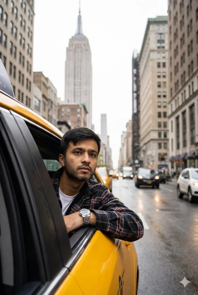 Man looking out of a yellow taxi window in New York City with Empire State Building in background