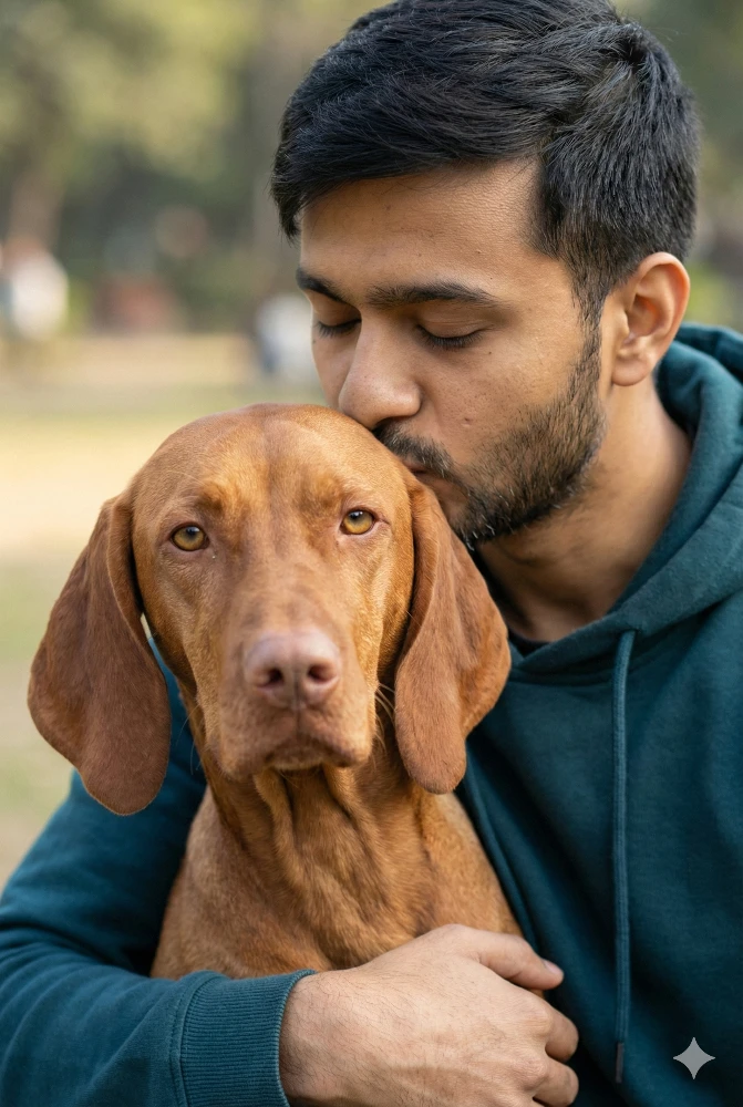 Man Showing Affection and Kissing His Vizsla Dog in the Park