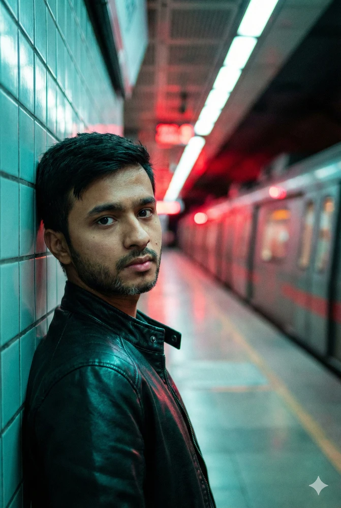 Young Man in Leather Jacket at Underground Subway Station Cinematic Portrait