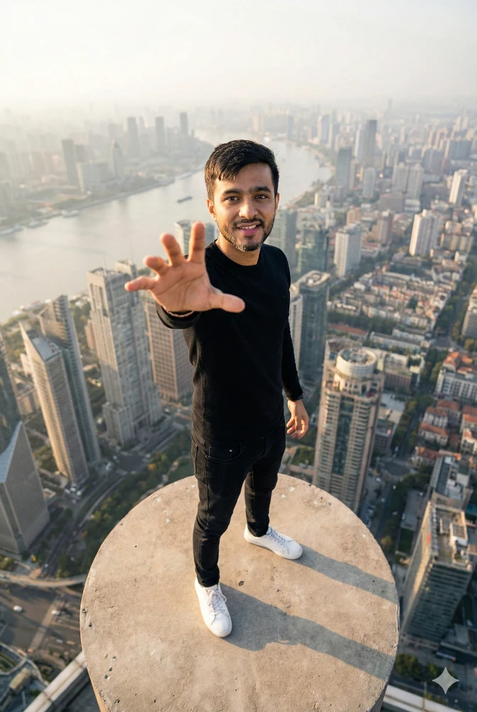 Daring Man Standing on Edge of Skyscraper Overlooking City View