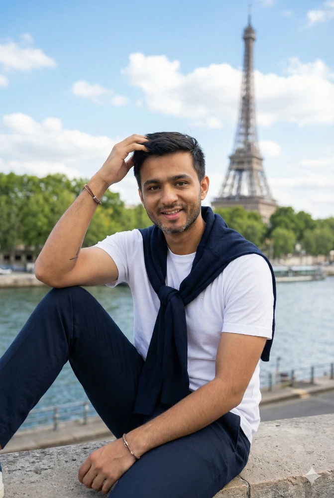 Young Man Posing in Front of the Eiffel Tower in Paris
