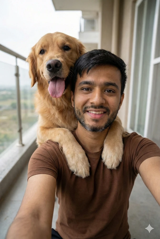 Happy Man Taking a Selfie with His Smiling Golden Retriever Dog