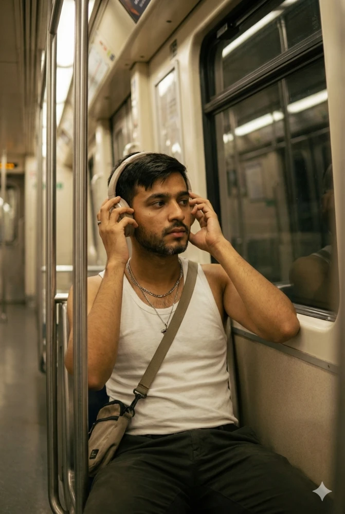 Young Man Listening to Music with Headphones on a Subway Train