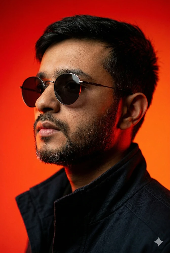 Aesthetic Portrait of a Man Wearing Sunglasses with Red Background Prompt