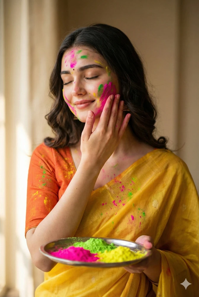 Beautiful Woman Celebrating Holi Festival with Colorful Powders