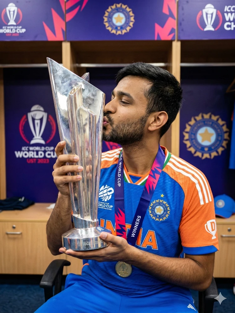 Player Celebrating India's T20 World Cup Victory with Trophy
