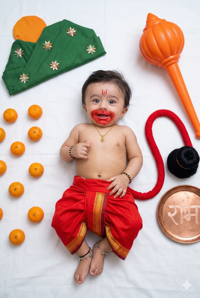 Adorable Baby Photoshoot as Lord Hanuman with Mountain and Gada Props