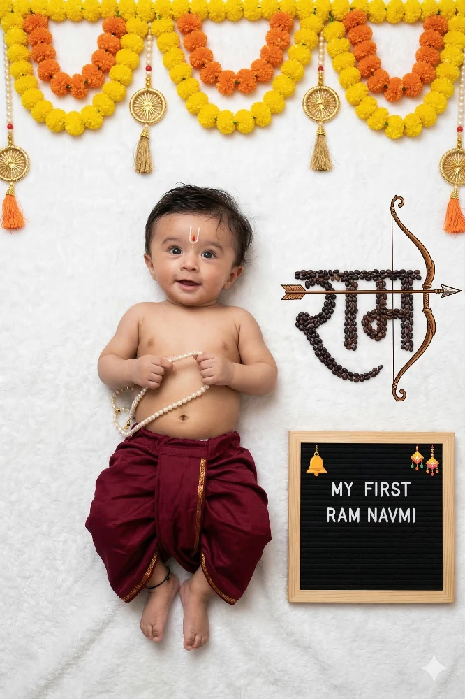 Adorable Baby Boy's First Ram Navami Photoshoot with Traditional Indian Decor