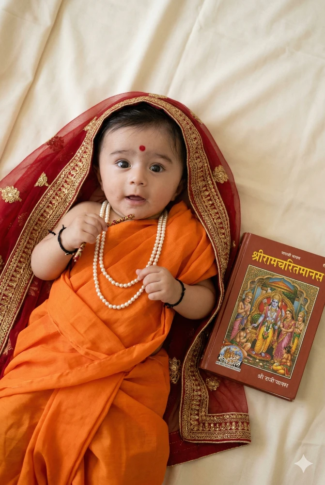 Adorable Baby Dressed in Traditional Indian Saffron Attire with Shri Ramcharitmanas Book