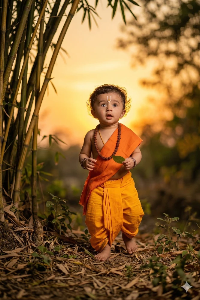 Adorable Baby Dressed as Little Krishna in Saffron Dhoti during Sunset
