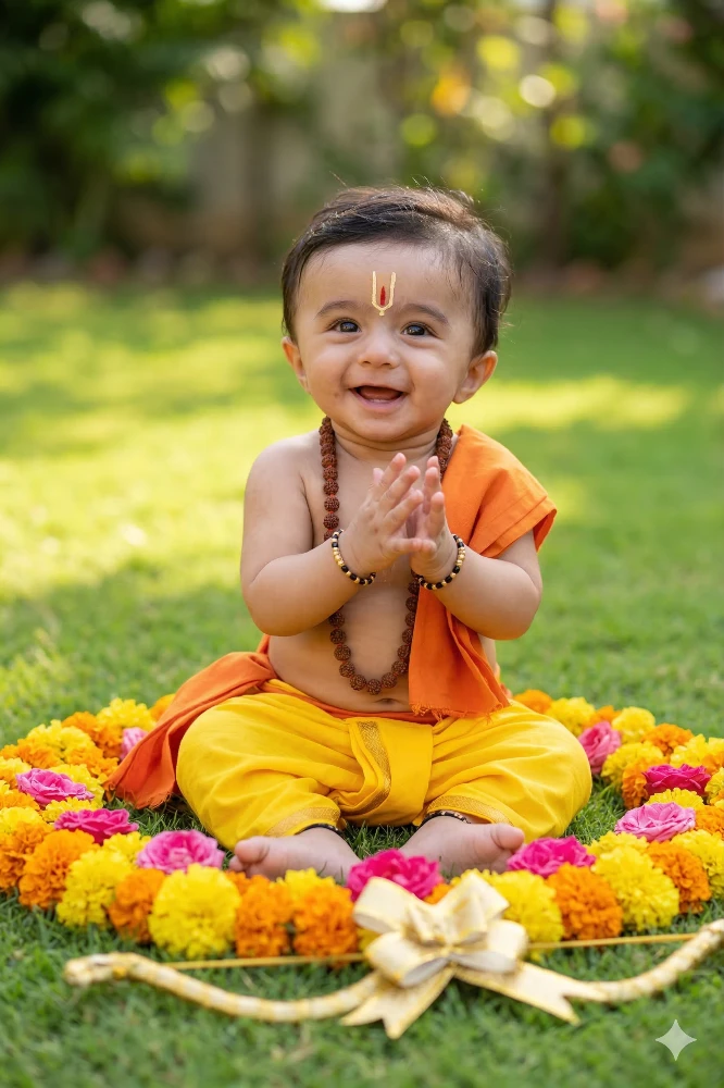 Cute Indian Baby Boy Dressed as Little Lord Rama for Krishna Janmashtami or Ram Navami