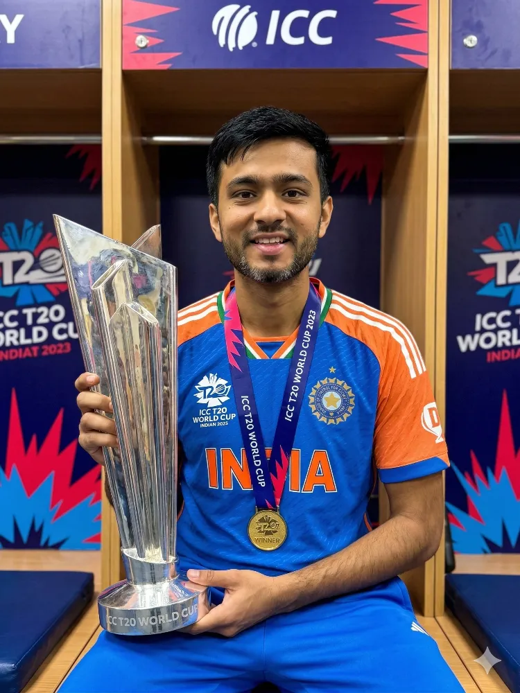 Indian Cricketer Celebrating T20 World Cup Victory with Trophy and Gold Medal