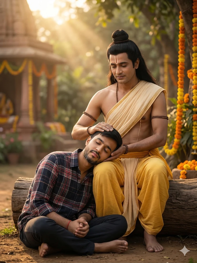 Spiritual Connection: Lord Rama Blessing a Modern Man in a Peaceful Temple Setting