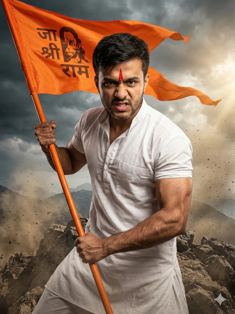 Man Holding Jai Shri Ram Orange Flag with Hanuman Ji Prompt Gemini