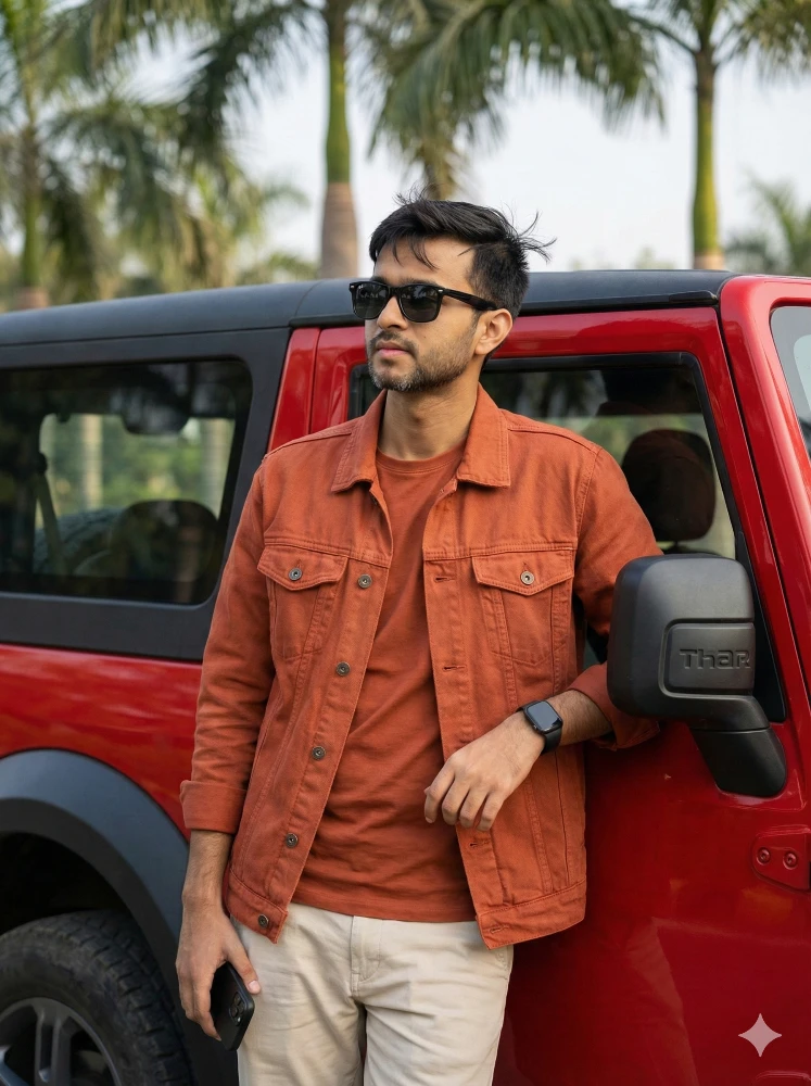 Stylish Man in Orange Denim Jacket and Sunglasses Posing with a Red SUV Outdoors