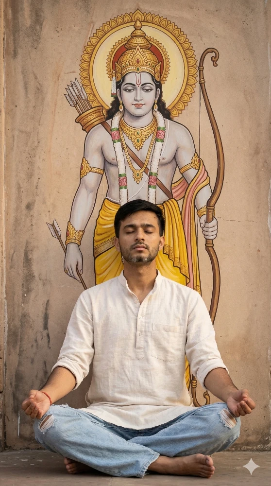 Man Practicing Spiritual Meditation in Front of Lord Rama Mural Gemini Prompt