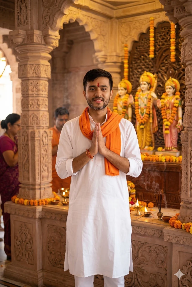 Young Man in Traditional Indian Attire Offering Prayers in Ram Mandir - Gemini AI Photo Editing Prompt for Ram Navami