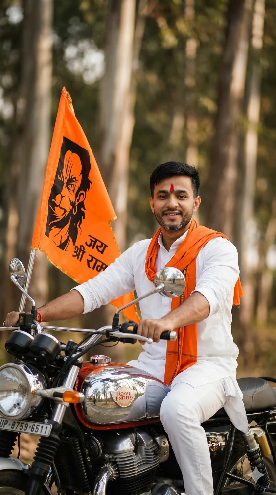 Man on Royal Enfield Interceptor 650 with Jai Shri Ram Hanuman Flag