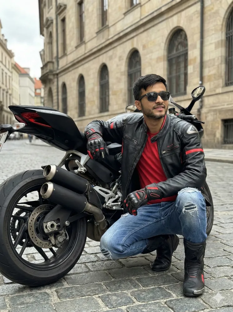 Stylish Man in Leather Riding Gear Posing with a Black Sportbike on a City Street