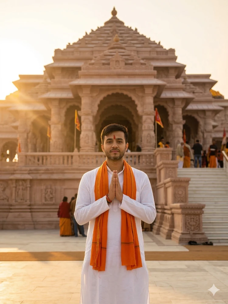Man in Traditional Attire Praying in Front of Ram Mandir Temple - Gemini AI Photo Editing Prompt for Ram Navami