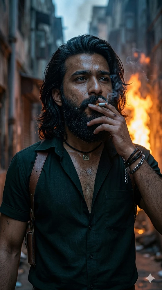 Gritty Man with Beard Smoking in Cinematic Action Scene with Fire Background