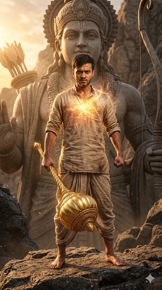 Man Holding a Golden Gada in Front of a Giant Lord Rama Statue Ram navami ai photo editing prompt