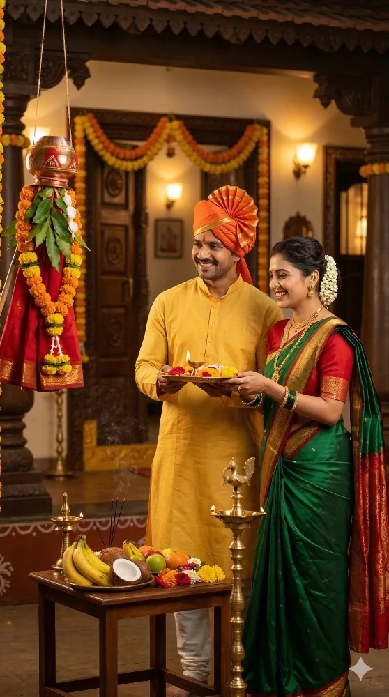 Traditional Marathi Couple Celebrating Gudi Padwa Festival with Gudi and Puja