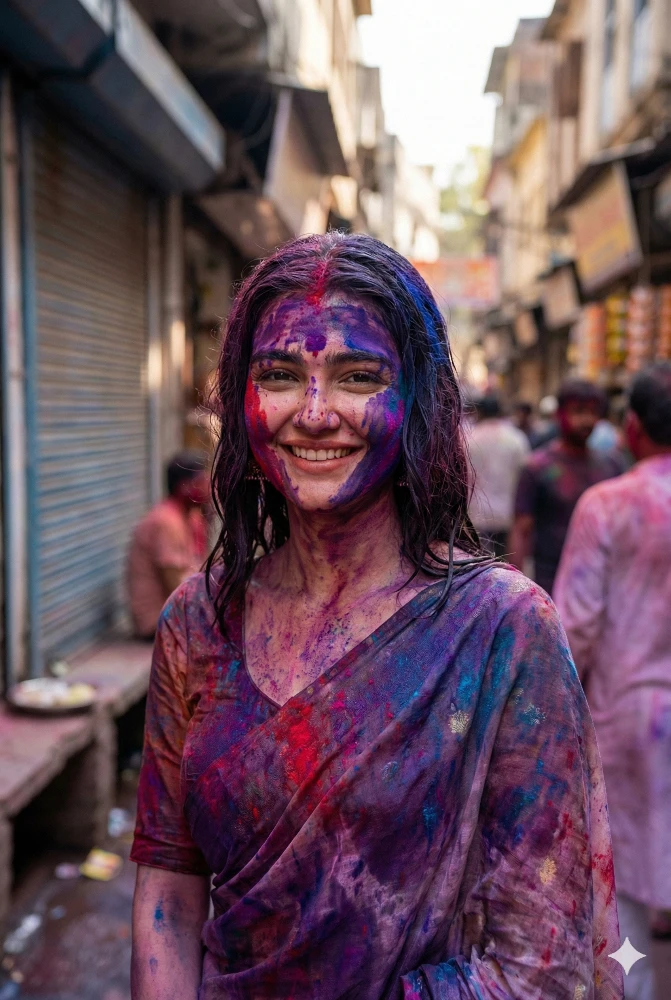 Joyful Woman Celebrating Holi Festival Covered in Vibrant Colors