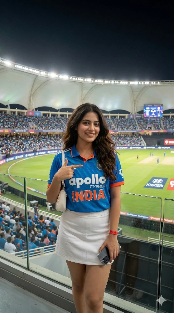 Young Woman Posing in Indian Cricket Team Jersey at a Stadium Match