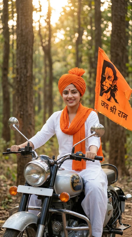 Indian Woman Riding Royal Enfield with Jai Shree Ram Flag - Gemini AI Photo Editing Prompt for Ram Navami