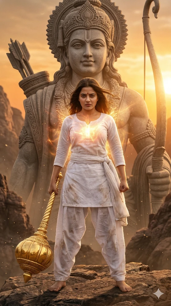 Powerful Indian Woman Warrior Holding Golden Gada with Lord Ram Statue Background
